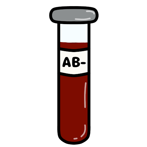 Cartoon style drawing of a glass vial filled with red liquid, there is a white label on the vial with, 'AB-' on it